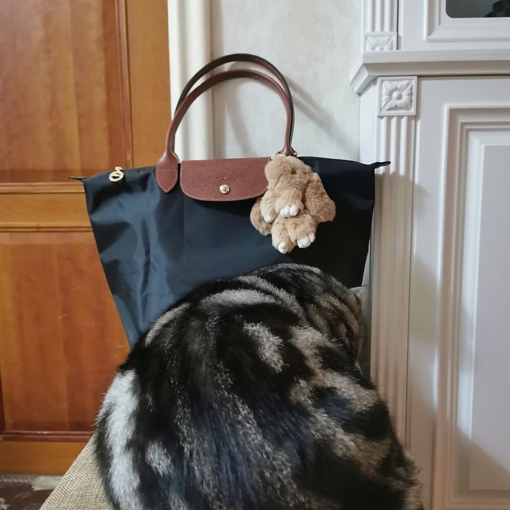 Longchamp Black Tote with Brown Trim and Tan Plush Charm - Picture 3 of 6